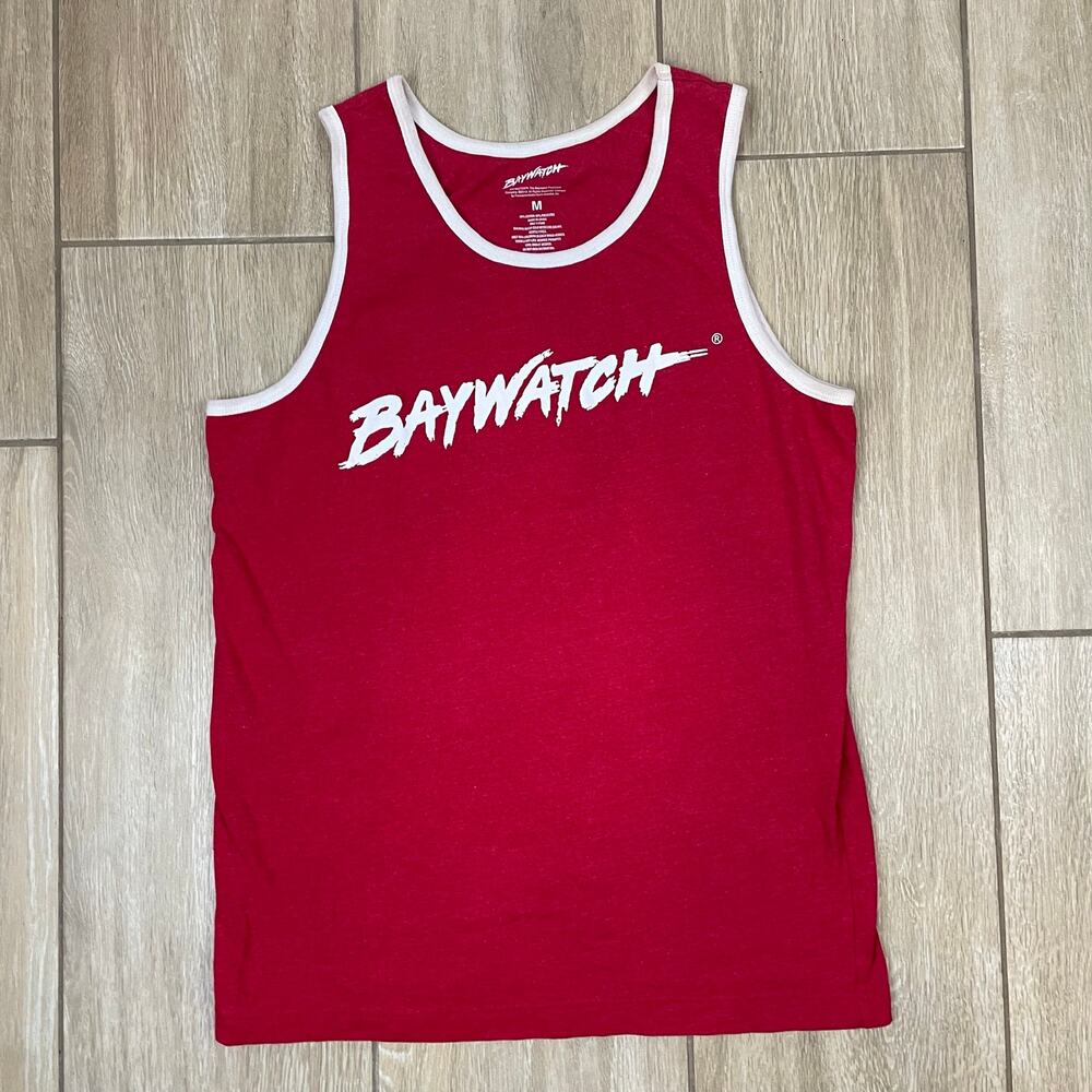 Baywatch Malibu Beach Patrol Tank Top Mens M Red Graphic Ringer Sleeveless Tee